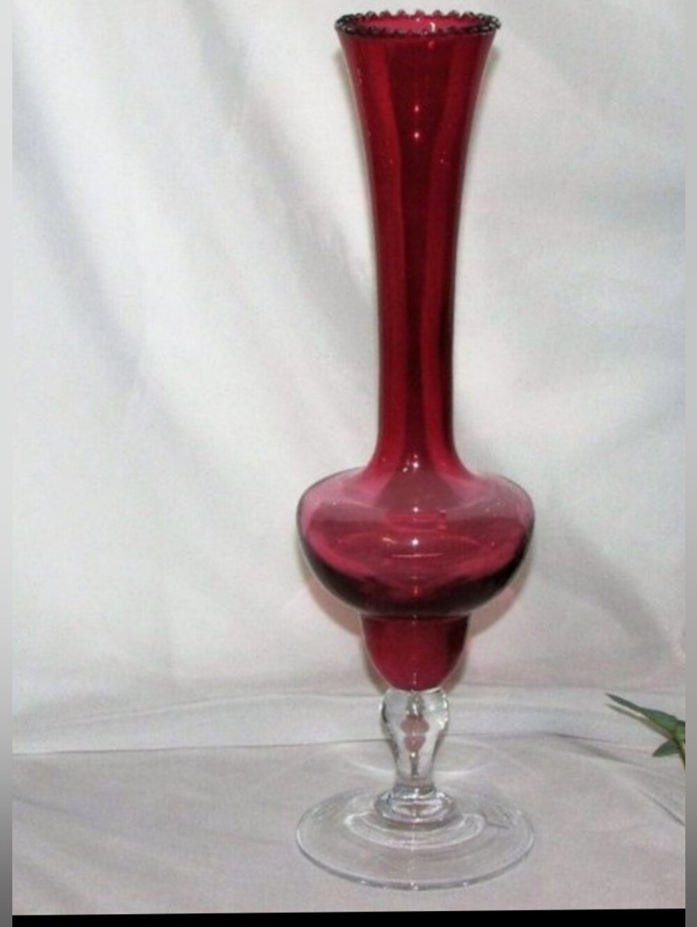 Vintage Cranberry Glass Vase 12" Tall Red Clear Footed Base Decorative Holiday